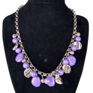 Silver Tone and Purple Beaded chain Link Necklace, Adjustable